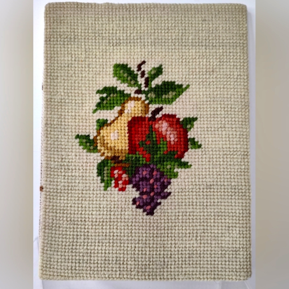 Vintage Fruits Pear Apple Grapes Cherry Needlepoint Completed No Frame 6" By 8".